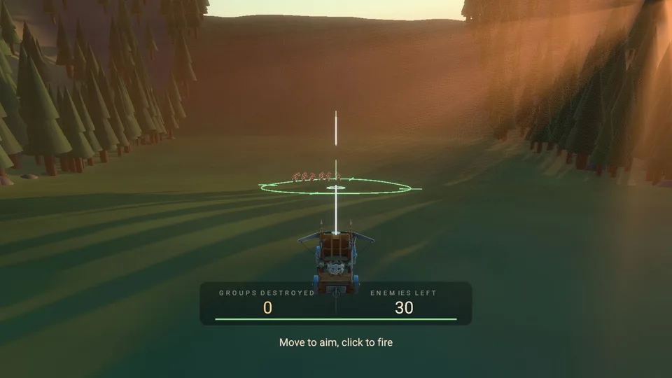 Catapult aimed toward targets in a forest valley, with aiming reticle and game HUD.