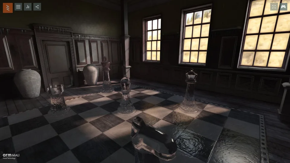 Glass chess pieces on a large checkered floor in a wood-paneled room lit through tall windows.