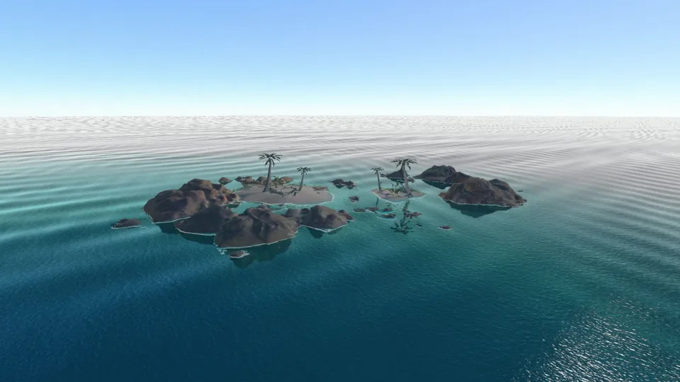 Rocky tropical island and palm trees reflected in turquoise ocean water.