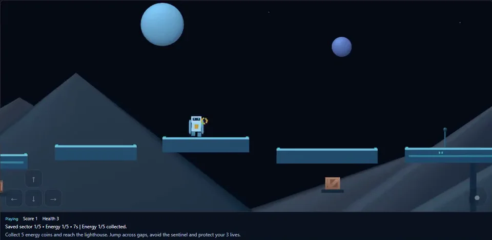 A robot runs and jumps between platforms, collects energy and reaches a checkpoint in Moonrail Harbor.