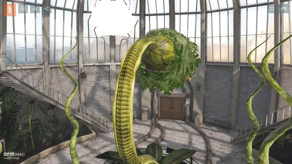 A giant plant moves inside Seemore's glass greenhouse as the camera passes through the space.