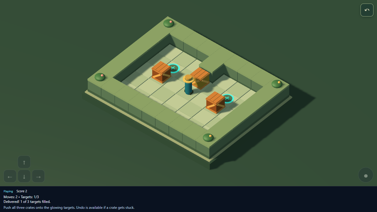 Puzzle Garden running in the browser: an isometric grid with three wooden crates, one filled target, and two visible glowing targets.